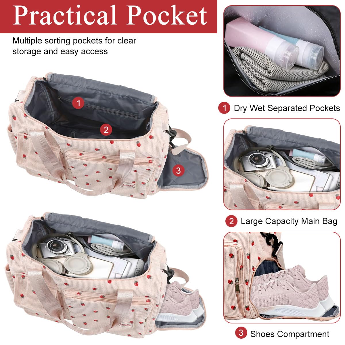 PALAY Women Duffle Bag for Travel and Gym featuring Shoe Compartment 48x24x27cm Corduroy Pink