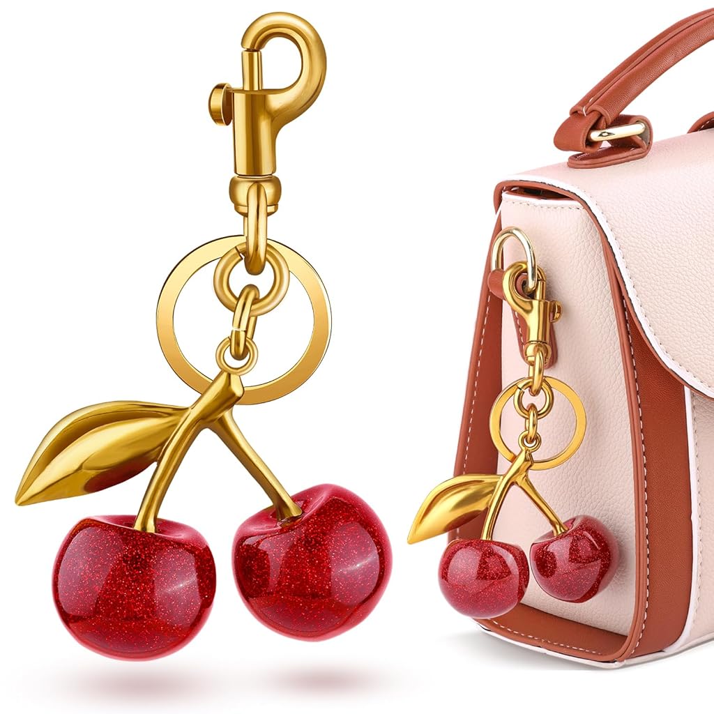 PALAY® Red Cherry Charm Keyring Bag Charm Sweetly Stylish Golden Metal Keyring Handbag Tote Bag Charm Glittering Cherry Pendent Keyring Charm with Gift Box