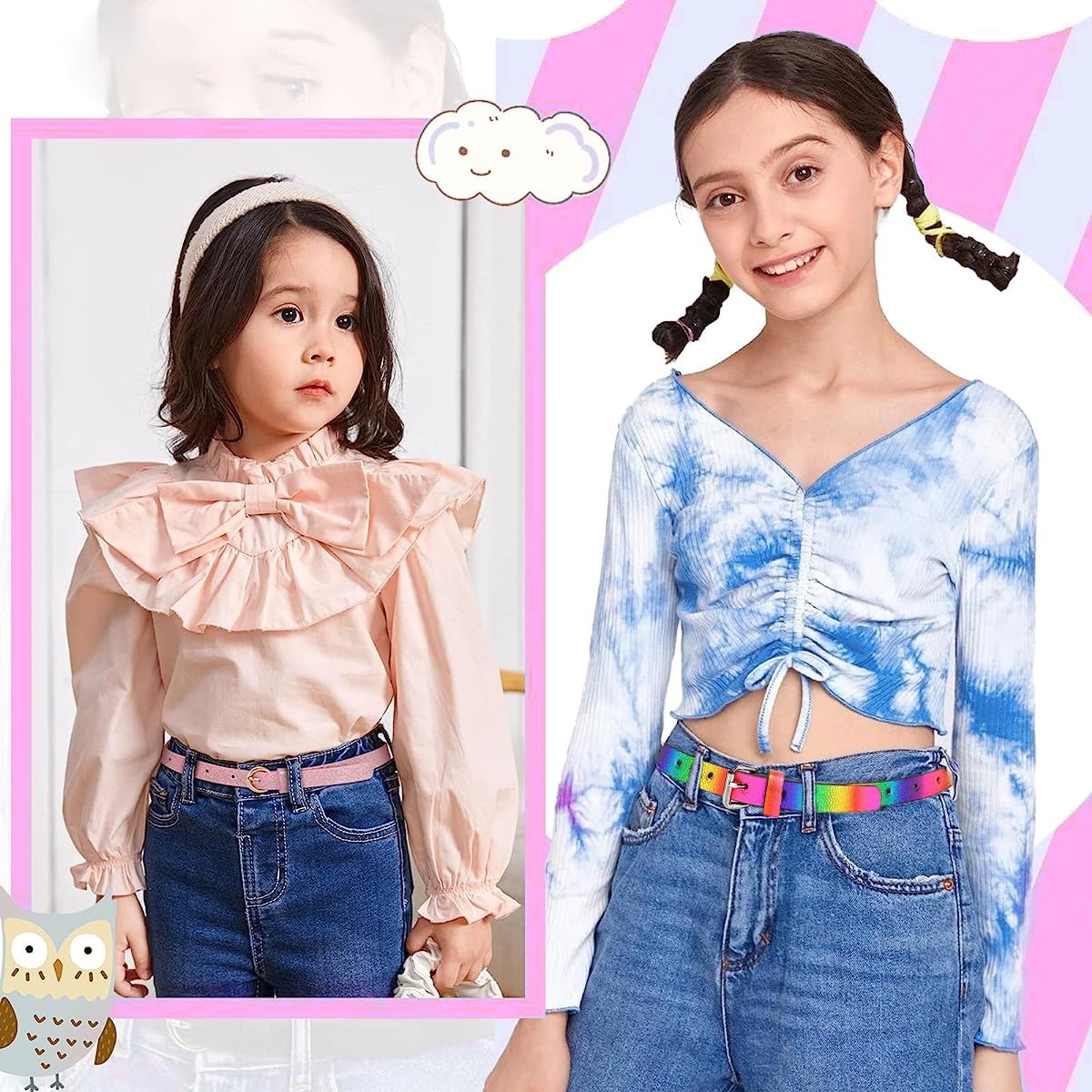 PALAY Girls Belt Set with Metal Buckle 90cm Length PU Leather Glitter Pink Rainbow for 6–12