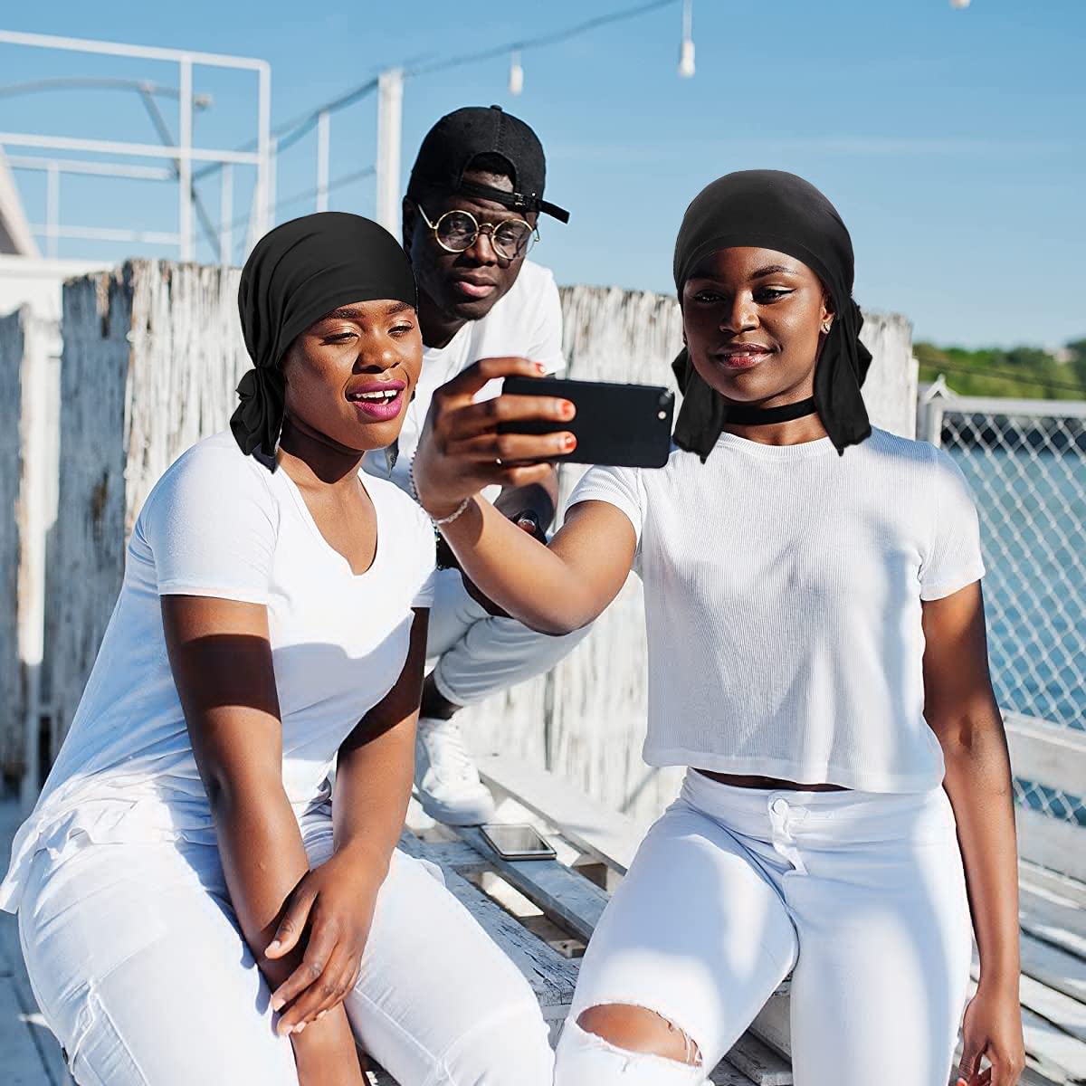 PALAY Head Scarf for Women featuring Pre Tied Elastic Design with Cotton Black 3 PCS | Comfortable Chemo Cap for Hair Loss