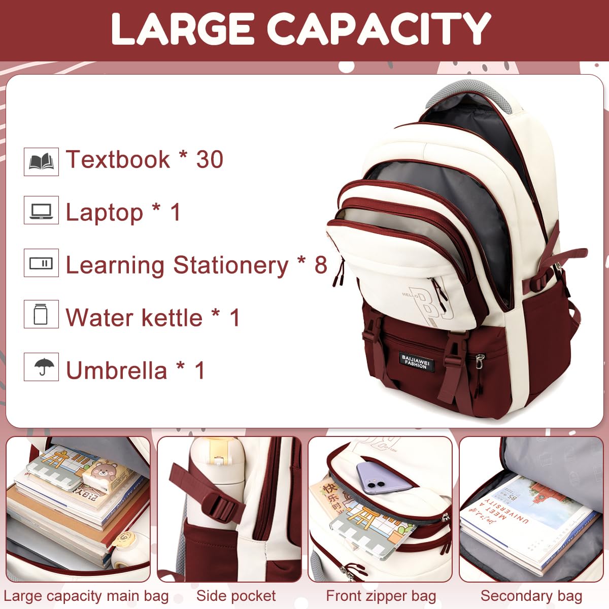 PALAY Girls Backpack for School and Travel with Multi Compartments and Small Zipper Pouch featuring Red Nylon Design | Comfortable Padded Straps