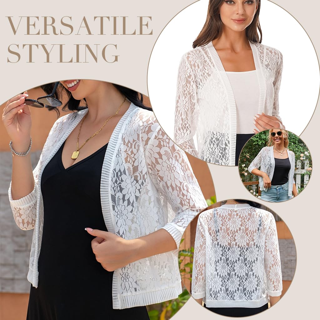 PALAY Womens Lace Cardigan for Summer Outfits featuring 3/4 Sleeves and Open Front Design