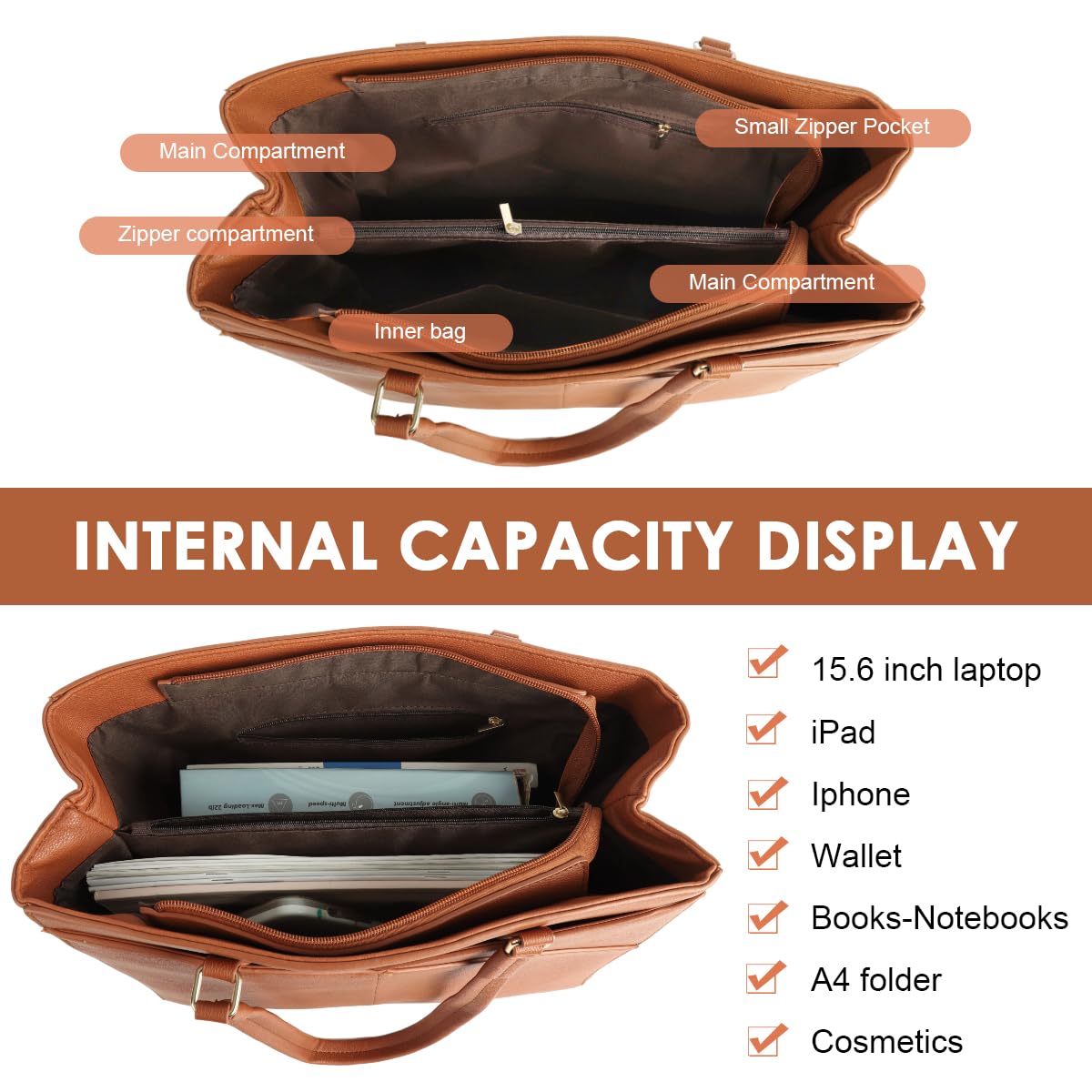 PALAY Tote Bag for Women with 15.6 in Laptop Compartment and Waterproof PU Leather | Brown Office Handbag