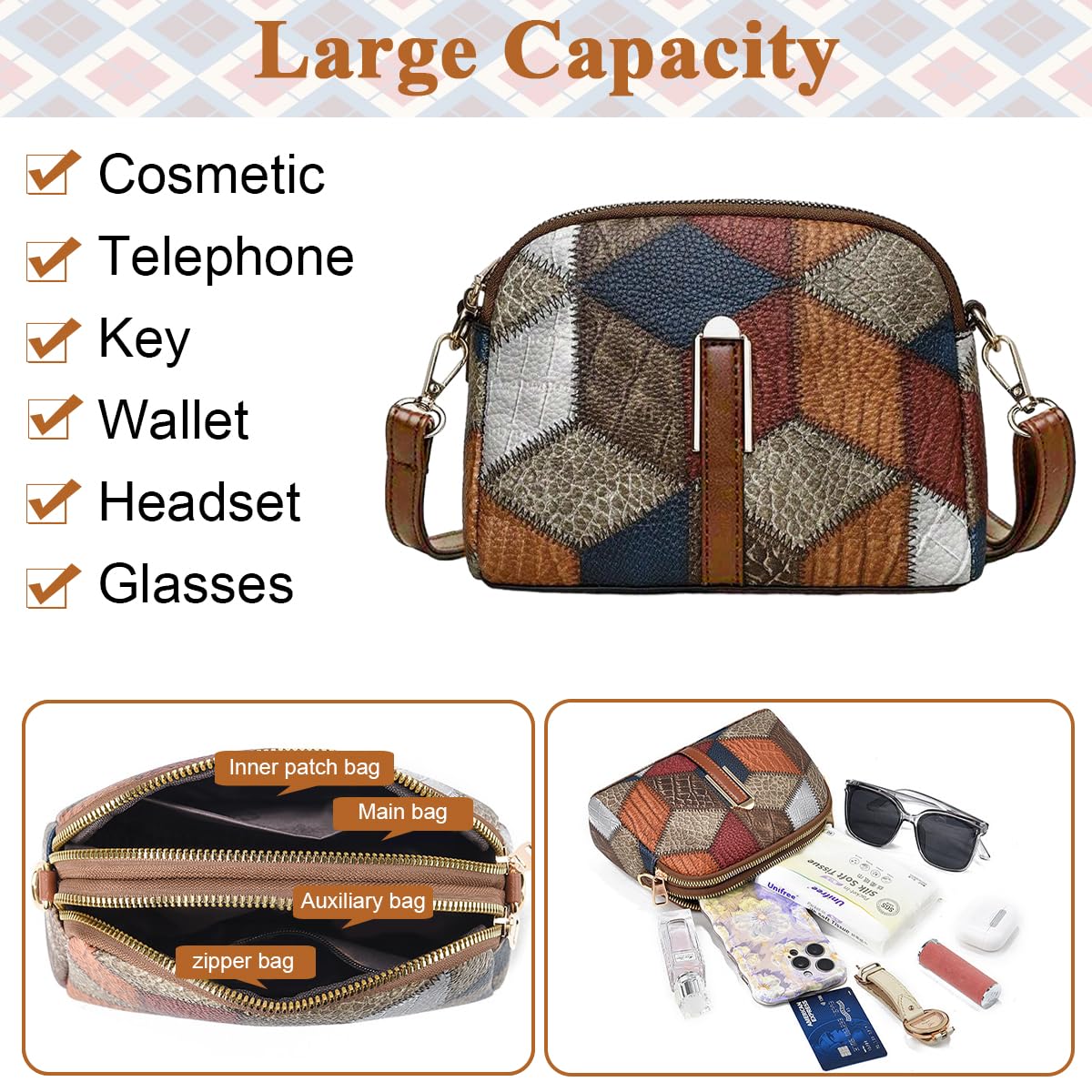 PALAY Women Crossbody Bag for Everyday Outfits with Dual Zipper Compartments and PU Leather | 7.4x2.7x5.5 in Retro Colorblock Style