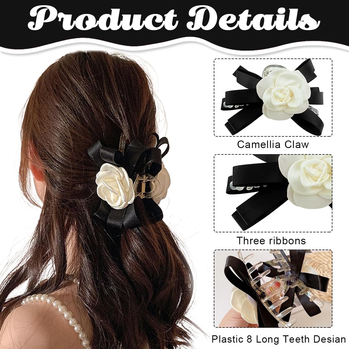 PALAY Large Bow Hair Claw Clip for Women with Camellia Flower Design and Strong Hold | Black