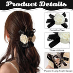 PALAY Large Bow Hair Claw Clip for Women with Camellia Flower Design and Strong Hold | Black