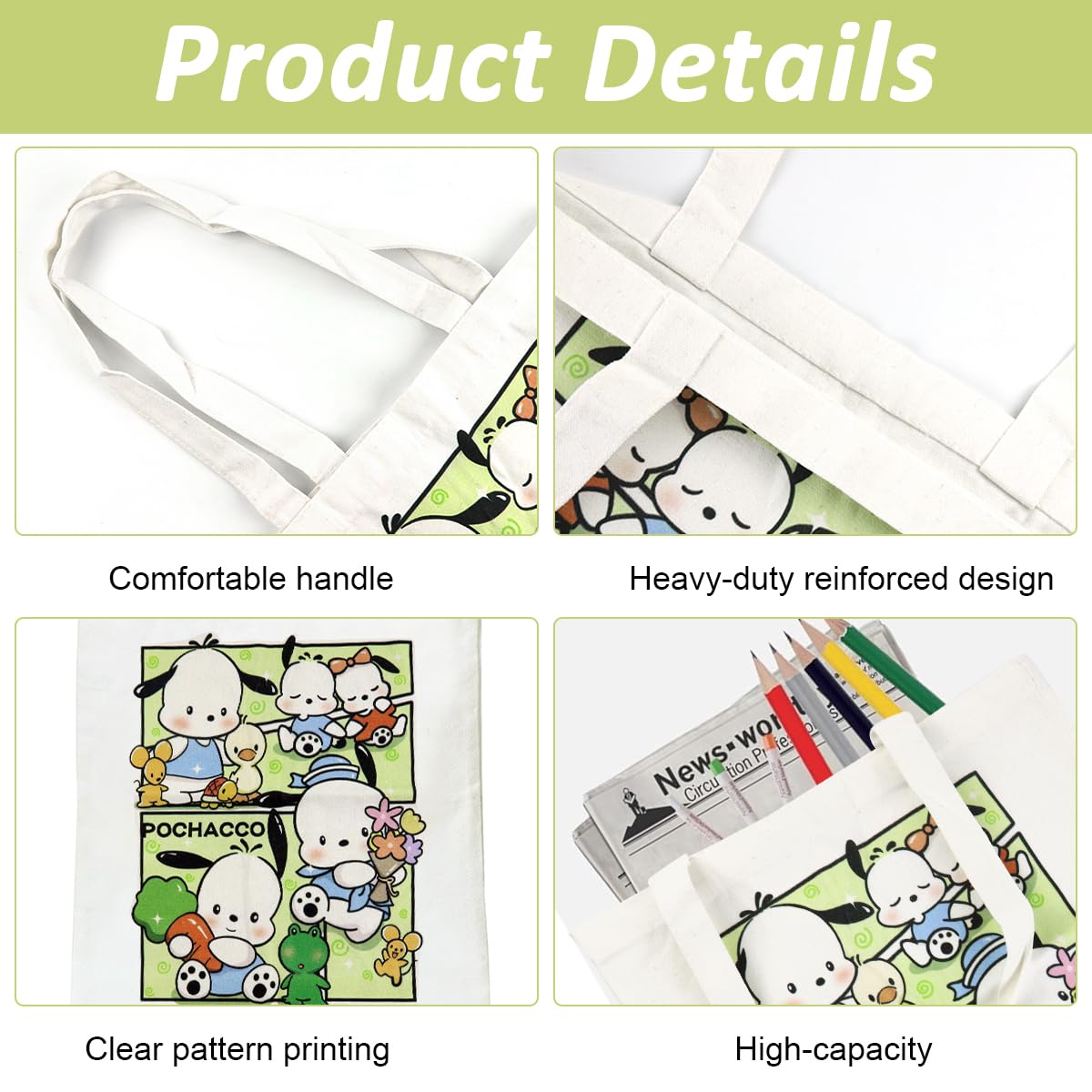 PALAY® Girls Tote Bag Girls Canvas Hand Bag Kawaii Sanrio Pochacco Canvas Book Bag Casual Shoulder Bag Hand Bag Tote Bag Gift for Girls, 45x35 cm