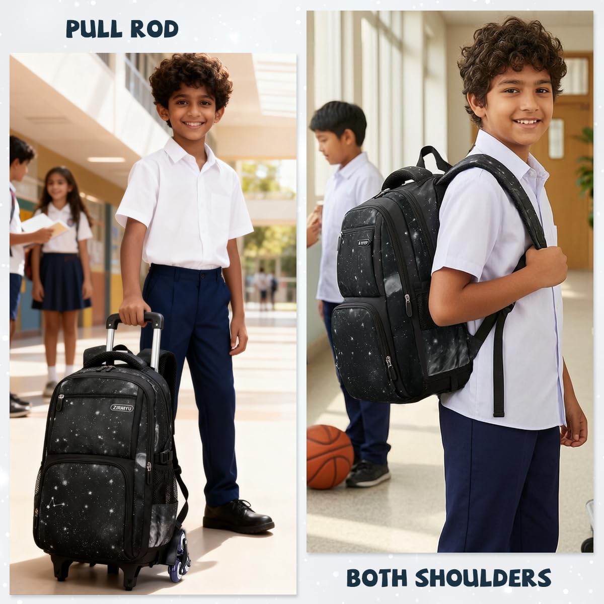 PALAY Starry Sky 6-Wheel Trolley School Backpack with Detachable Trolley