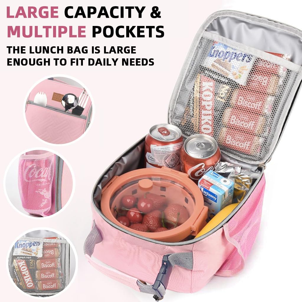 PALAY Silicone Lunch Bag for Work and School featuring Bottle Holder and 22x11x26cm Storage | Pink Insulated Cooler for Women and Kids