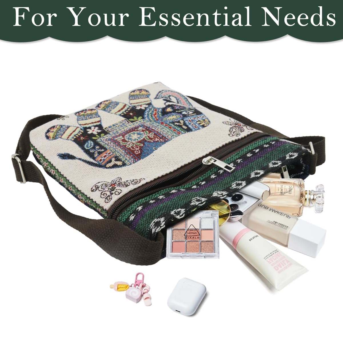 PALAY Women Sling Bag for Travel with Elephant Embroidery and Two Zipper Pouches 23x23x5 cm