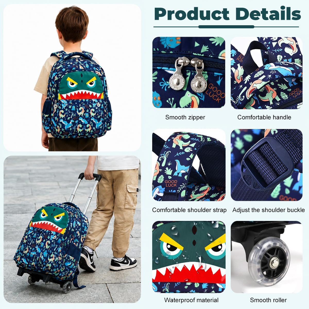 PALAY Dinosaur Trolley School Bag with Wheels