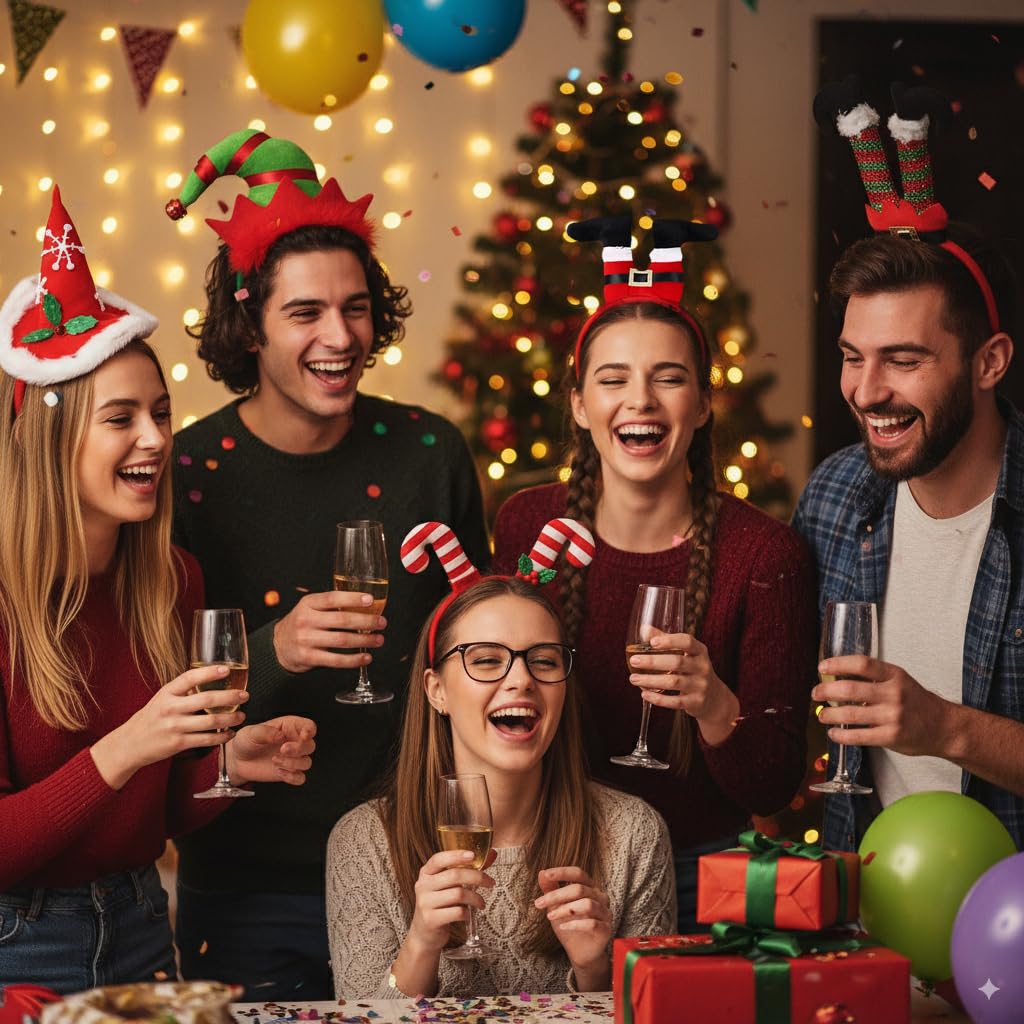 PALAY Christmas Headbands for Holiday Parties with Elf and Santa Designs 5Pcs Set