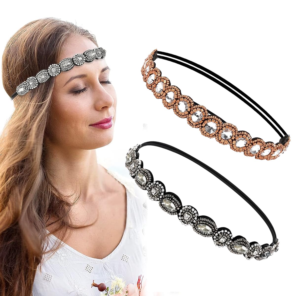 PALAY Beaded Headband for Women featuring Crystal Rhinestones and Elastic Strap | Set of 2