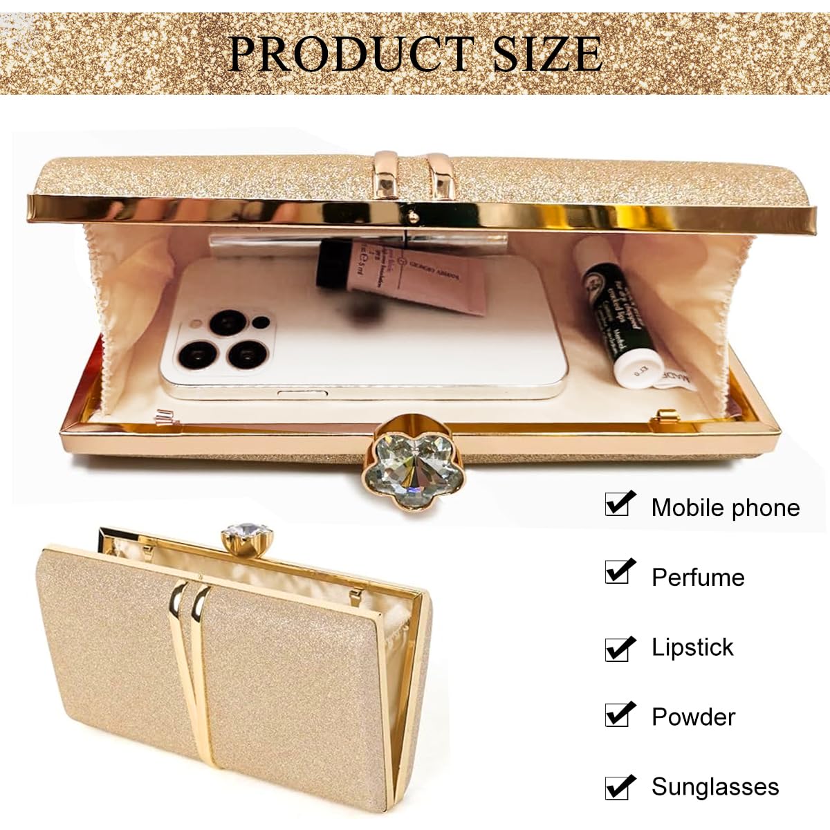 PALAY Clutch Bag for Evening Events featuring Rhinestone Floral Buckle and 22x13cm Size | Glitter Champagne Handbag for Women