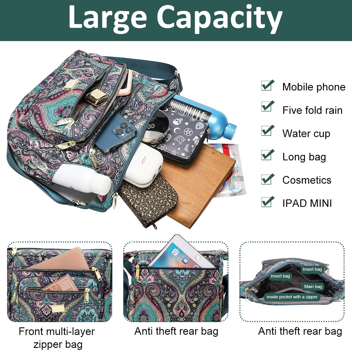 PALAY Cross Bag for Women with 21x10x18cm Triple Zipper Pouches and Nylon Material | Purple Shoulder Tote