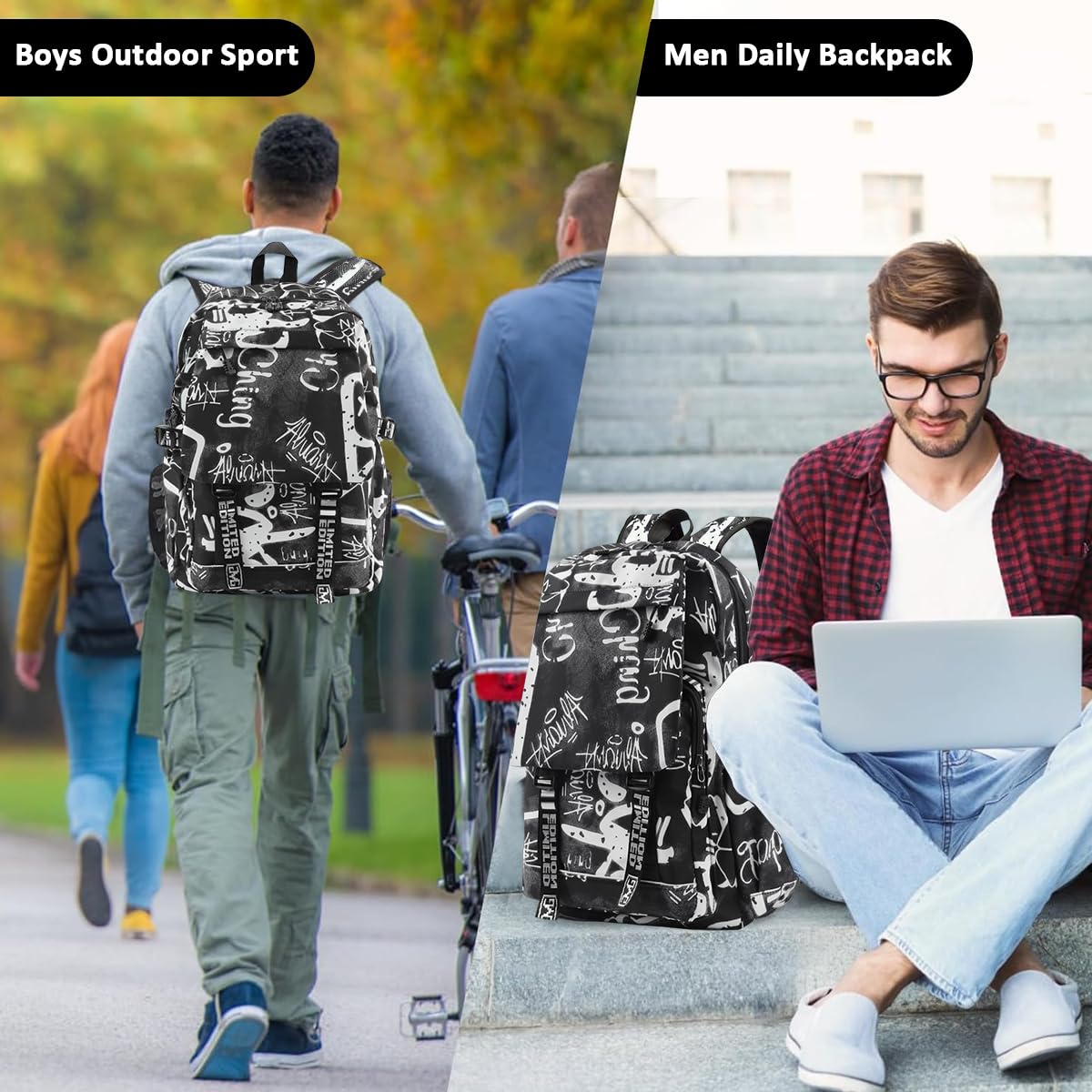 PALAY Travel Backpack for School and Outdoor Trips with Graffiti Print | Black Nylon Laptop Bag