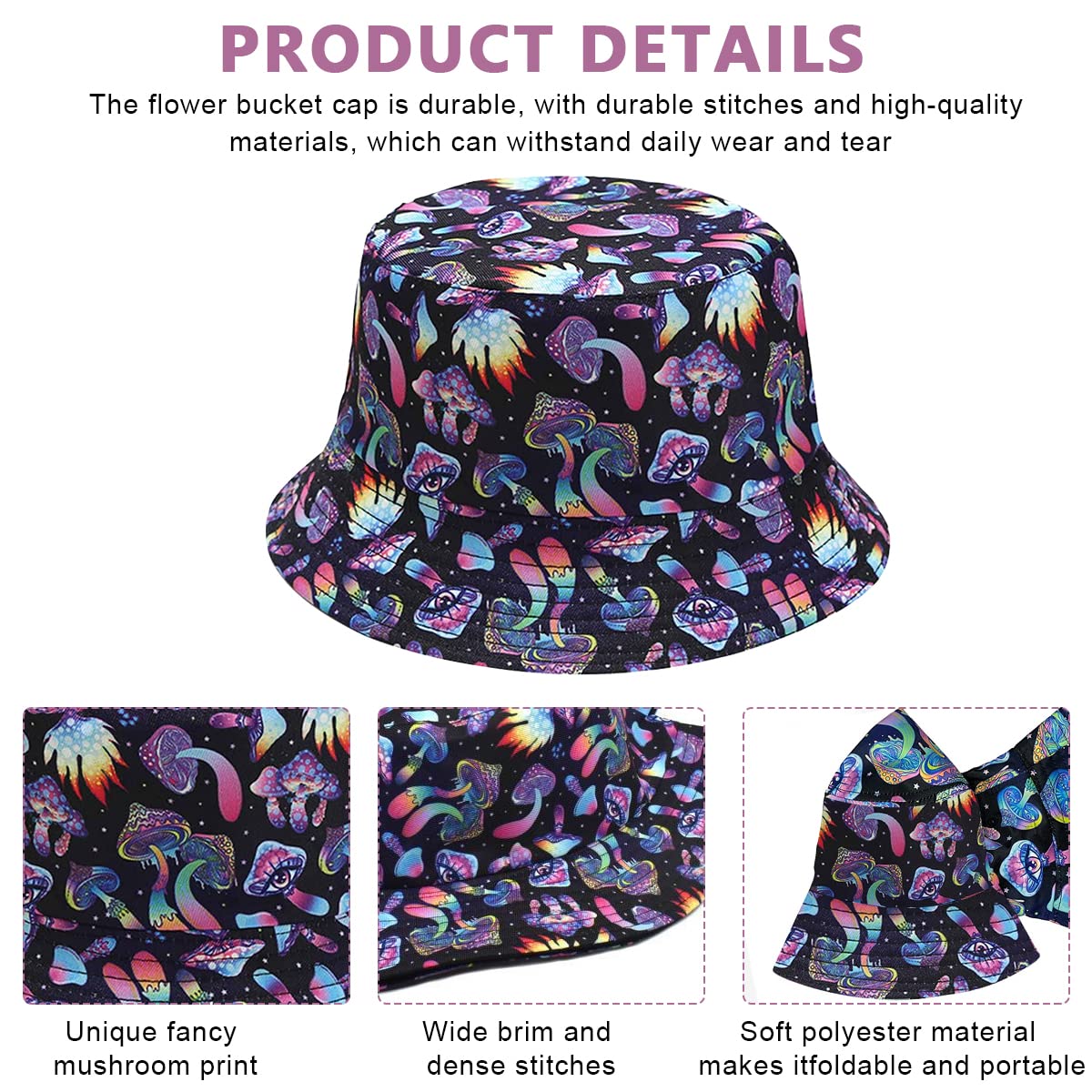 PALAY Bucket Hat for Outdoor Travel with 7cm Brim and Reversible Mushroom Print | Cotton Polyester Sun Hat