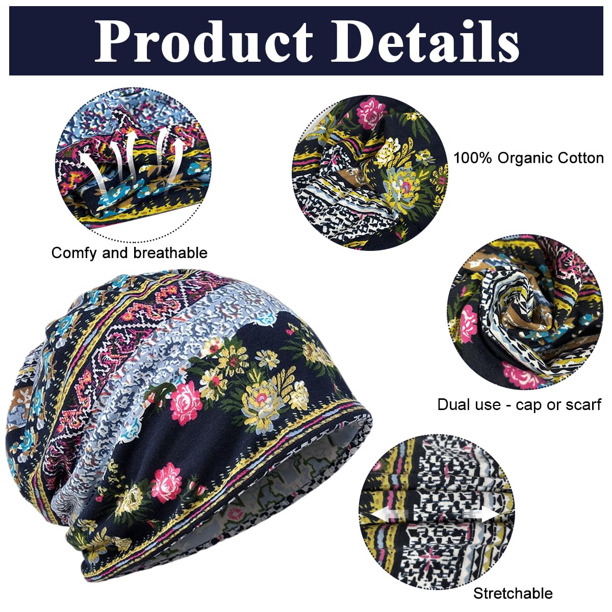 PALAY Beanie Cap for Women featuring Two Openings and 27×28cm Soft Polyester Spandex Fabric | Stylish Boho Floral Chemo Hat