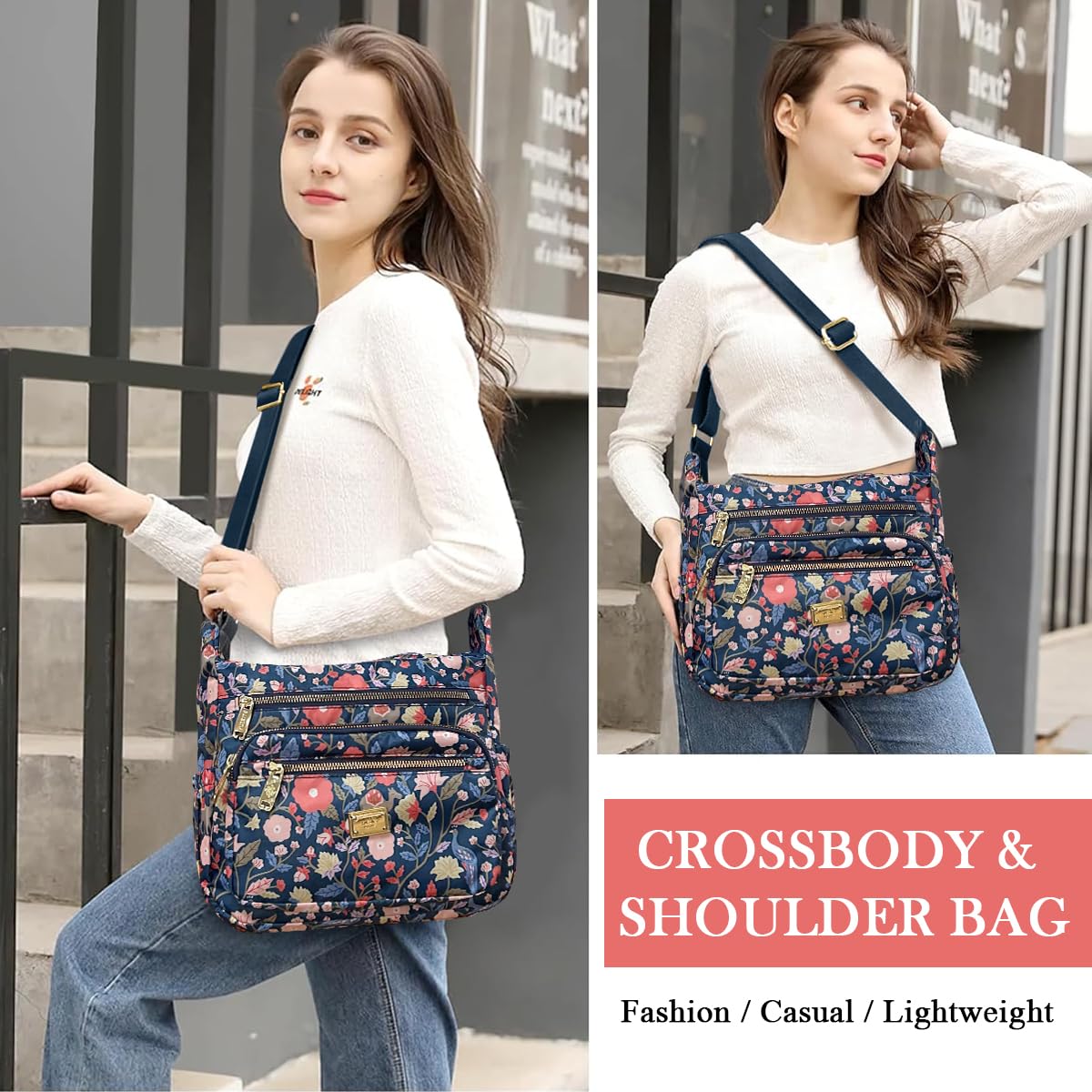 PALAY Women Crossbody Bag for Travel with Multi Layer Zipper Pockets and Nylon Design | Floral Print Casual Satchel