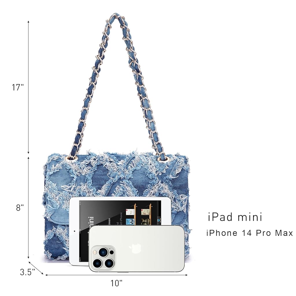 PALAY® Small Shoulder Bag for Women Fashion Blue Denim Crossbody Shoulder Bag Chain Bag Shoulder Bag Phone Bag Evening Bag Metal Interlock Closure Dainty Casual Shoulder Bag