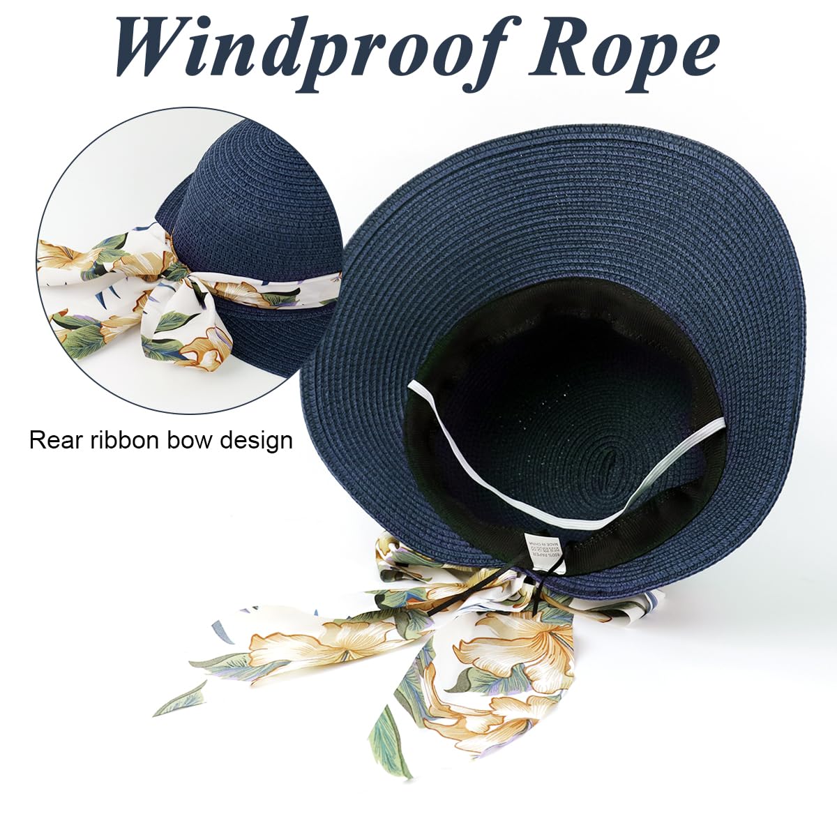 PALAY Straw Hat for Women with Wide Brim for Sun Protection and Floral Ribbon | Blue Summer Beach Hat