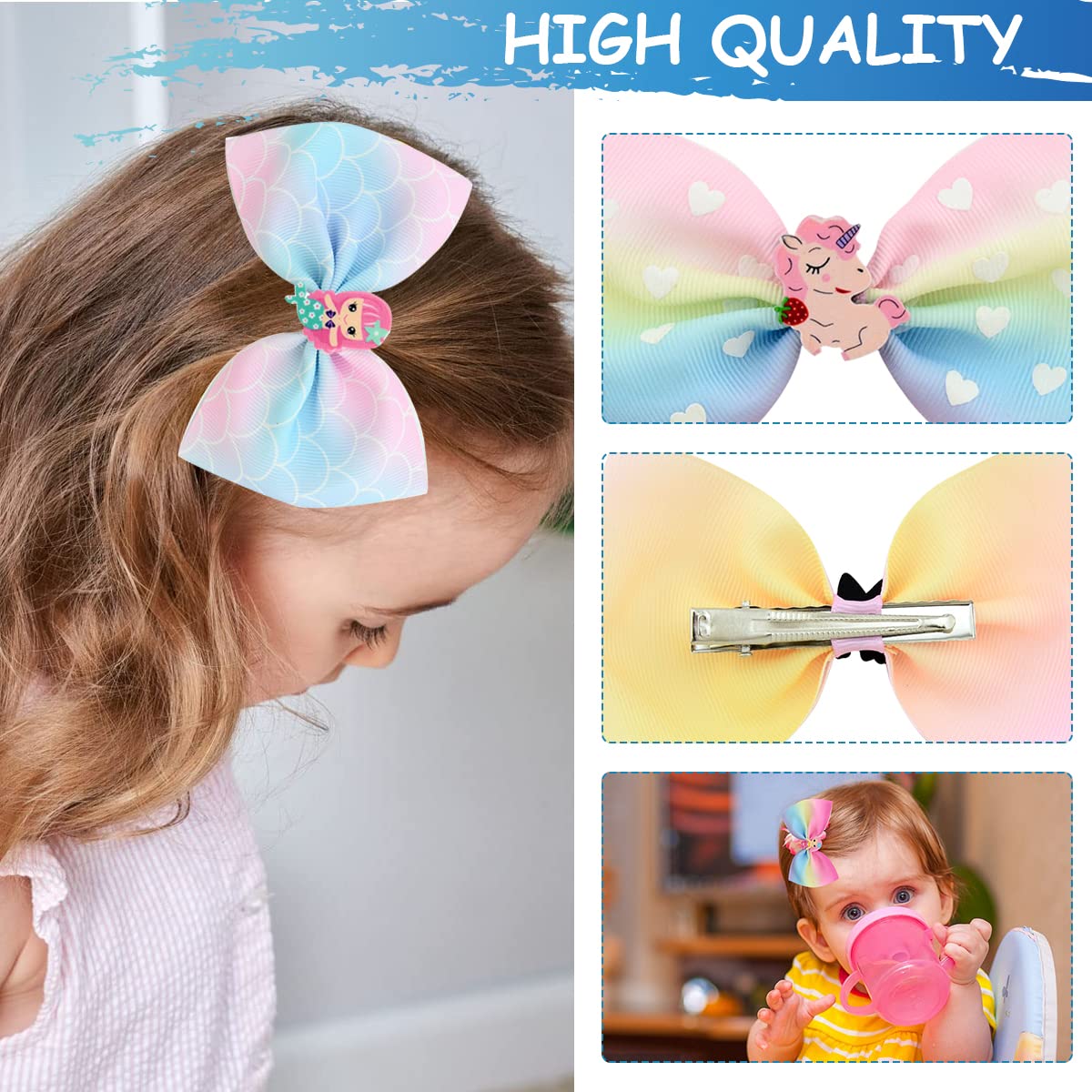PALAY® 6 Pcs Hair Bows for Kids Girls Rainbow Bow Hair Clips for Girls Unicorn Mermaid Barrettes Hair Accessories for Girl Teens