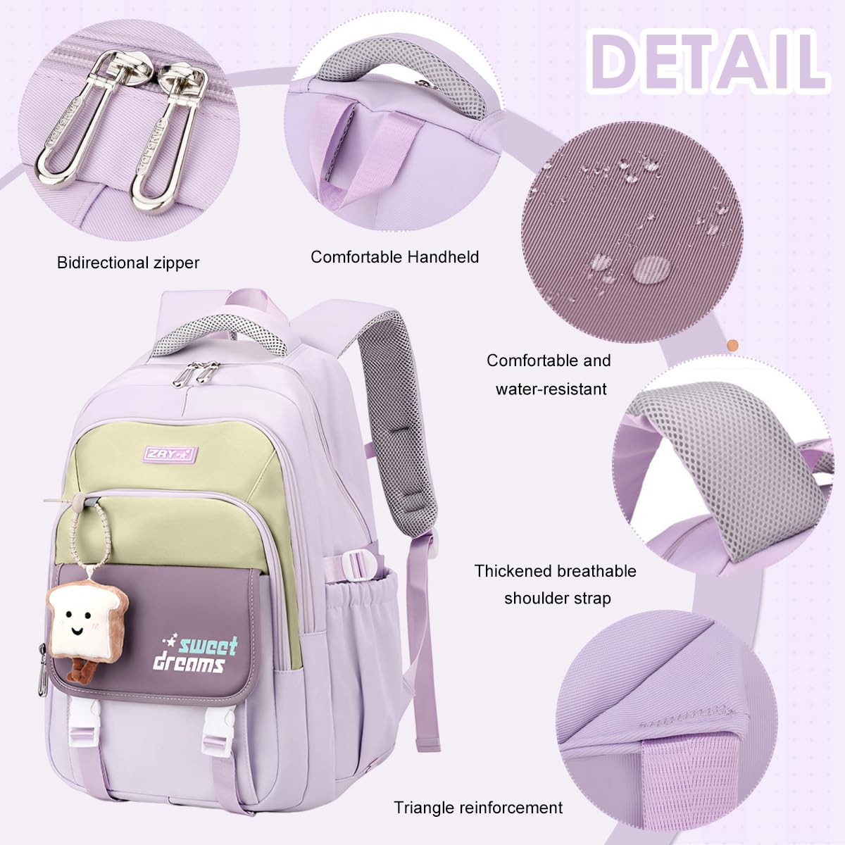 PALAY School Backpack with 3 Zip Compartments and Padded Shoulder Straps for Girls | Khaki Nylon Casual Travel Bag