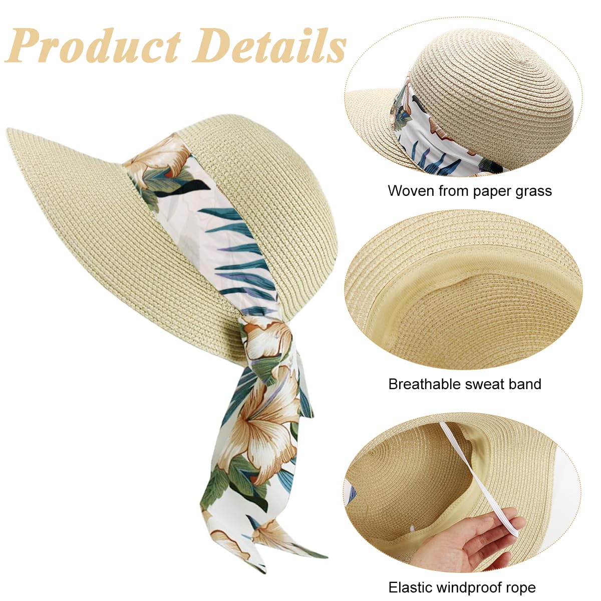 PALAY Womens Straw Hat for Summer with Wide Brim and Floral Print Bow Ribbon | Beige UV Protection 2 PCS Set