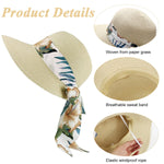 PALAY Womens Straw Hat for Summer with Wide Brim and Floral Print Bow Ribbon | Beige UV Protection 2 PCS Set