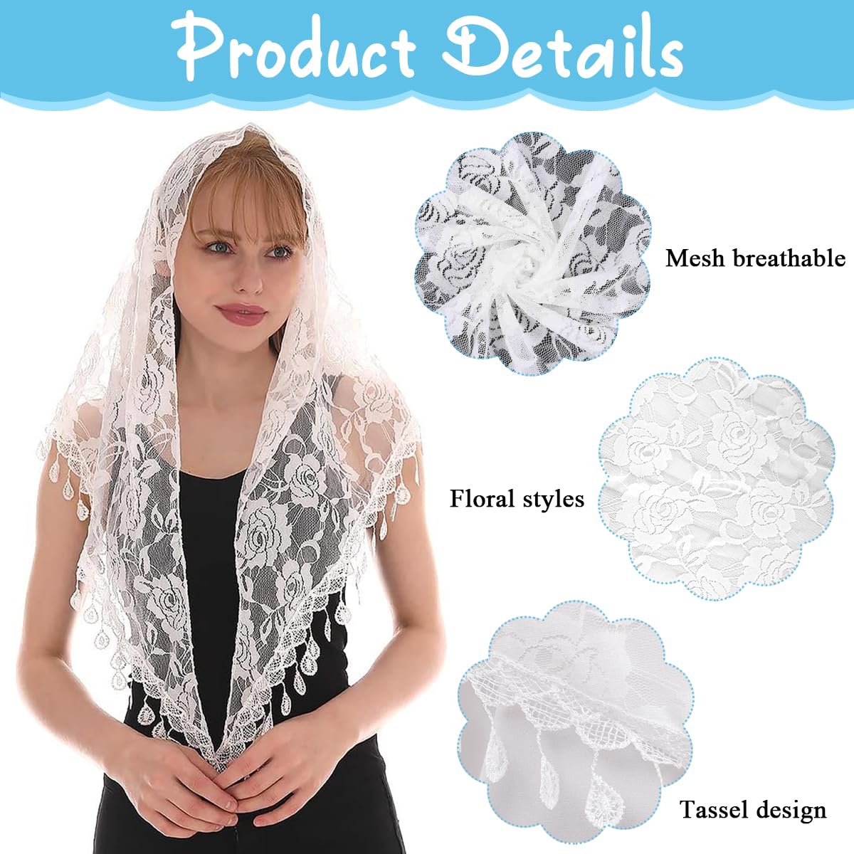 PALAY Mass Veil for Women featuring Triangle Lace Shawl with Embroidered Roses and Tassel Hem | White Church Head Covering