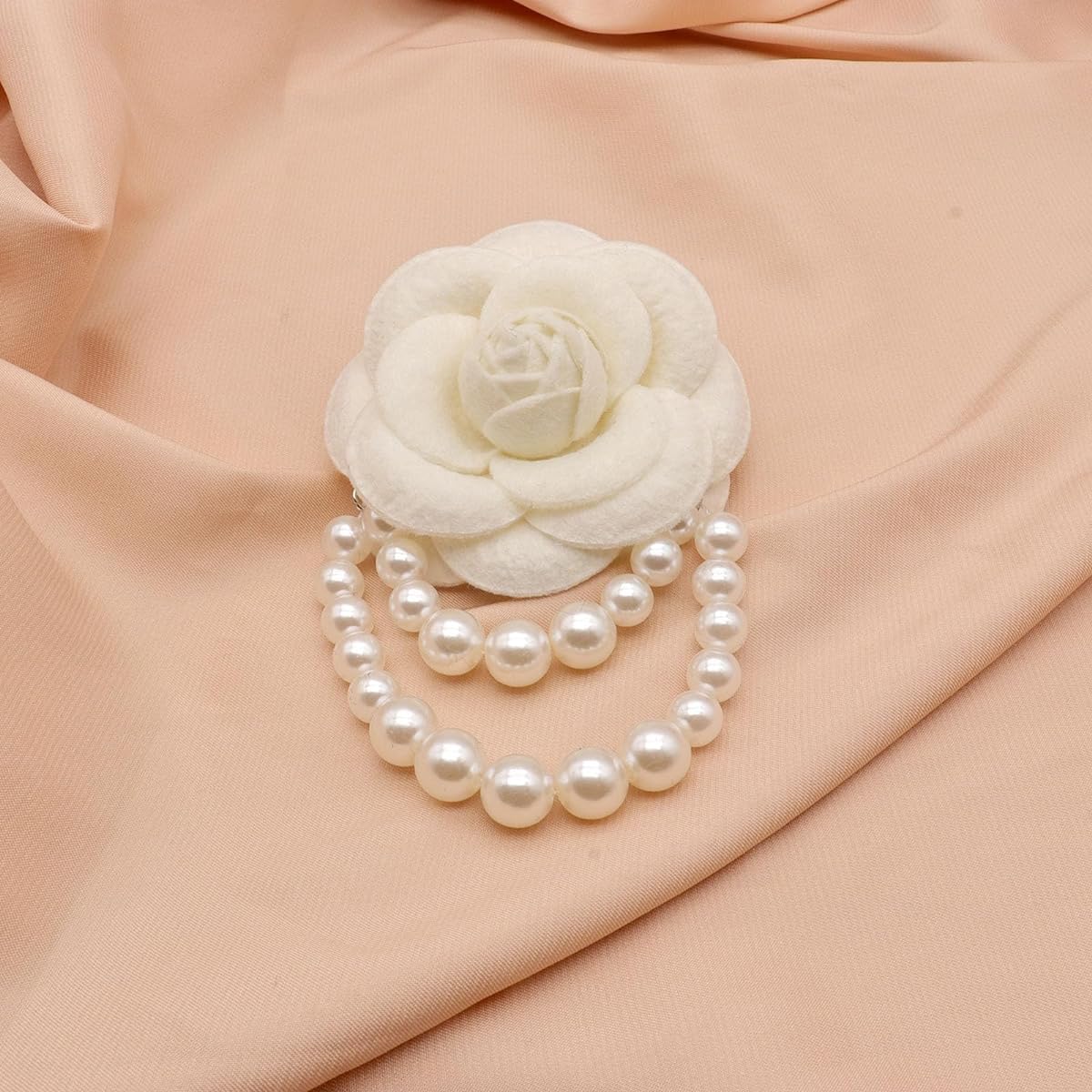 PALAY Camellia Flower Brooch for Women with Fabric Petals and Pearl Tassel | Elegant Gift