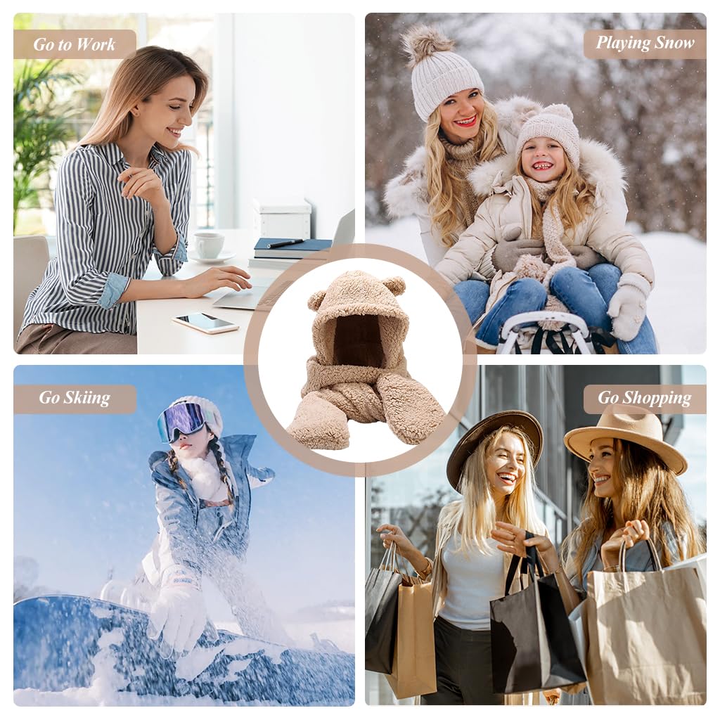 PALAY® Kawaii Winter Scarf Hat for Girls 3 In 1 Cute Bear Ear Warm Scoodie Scarf Hat Extended Long Scarf & Intergrated Gloves Fashion Winter Scarf Hat Gift for Girls