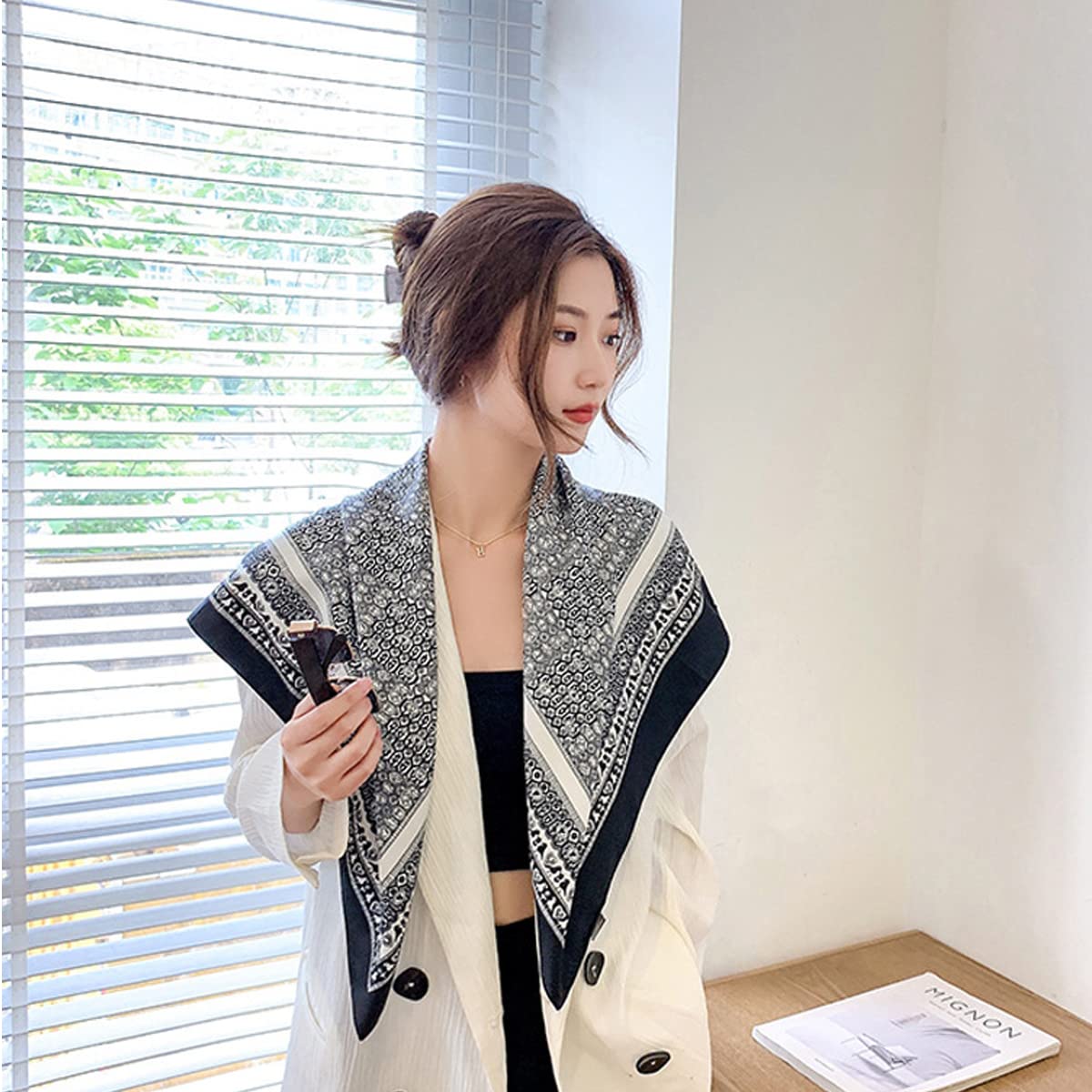 PALAY Silk Feel Satin Square Scarf for Women 35in | Green Print and Black for Hair Wrapping and DIY Crafts