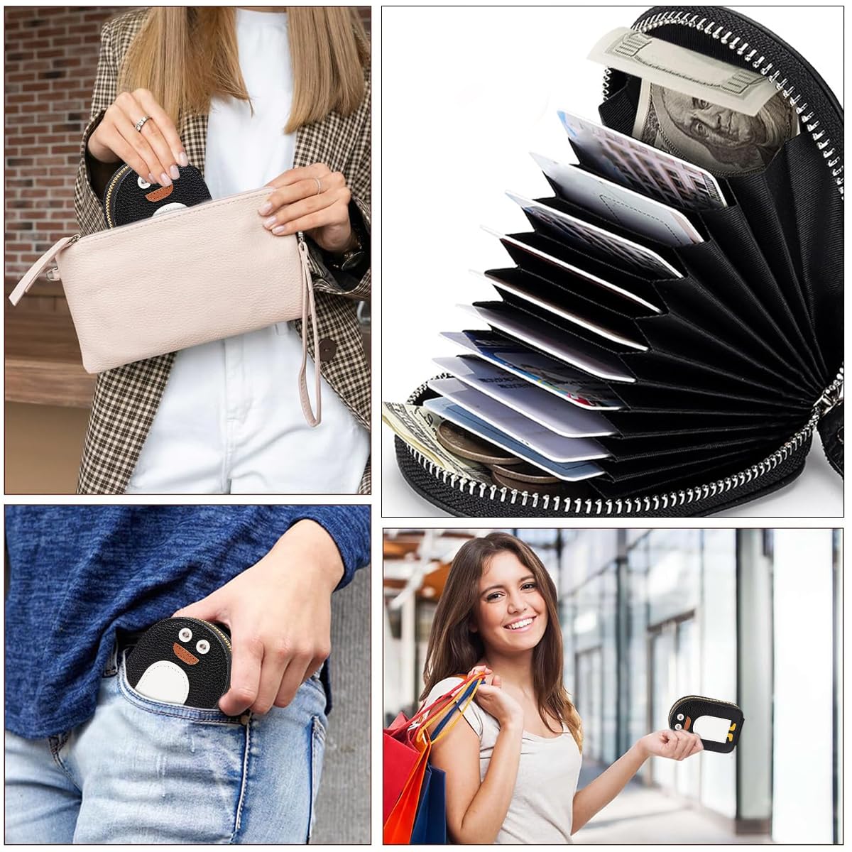 PALAY Card Bag for Travel with 8 Slots and 2 Compartments in PU Penguin Print | RFID Wallet