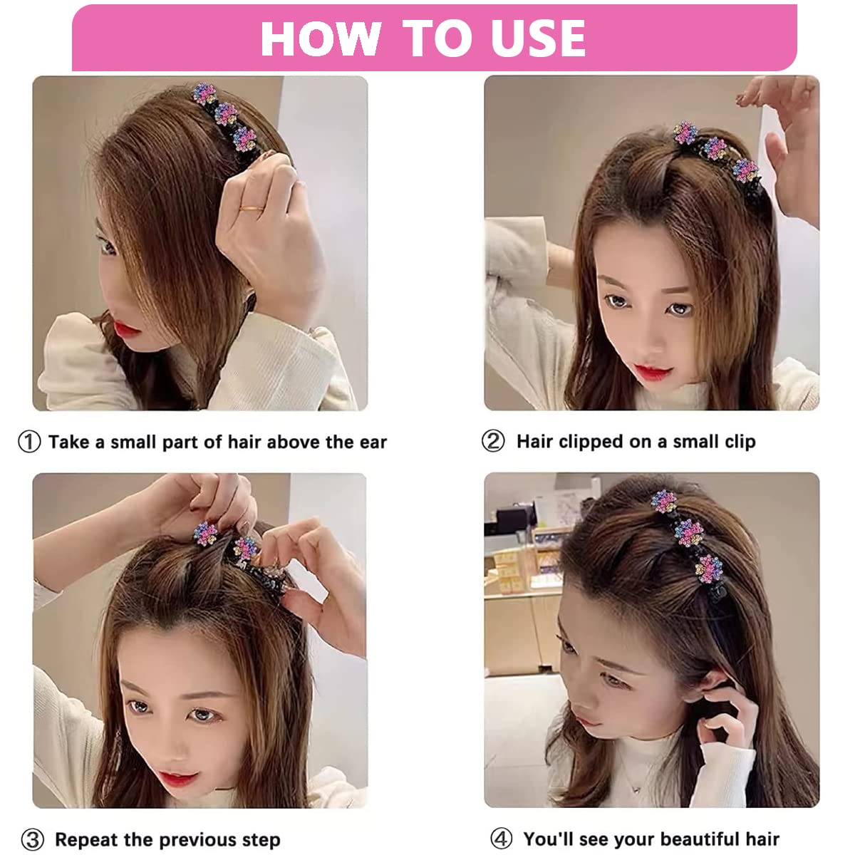 PALAY Sparkling Braided Hair Clips for Girls with Crystal Stones and Metal Spring | 4Pcs Multi Color Styling Accessories