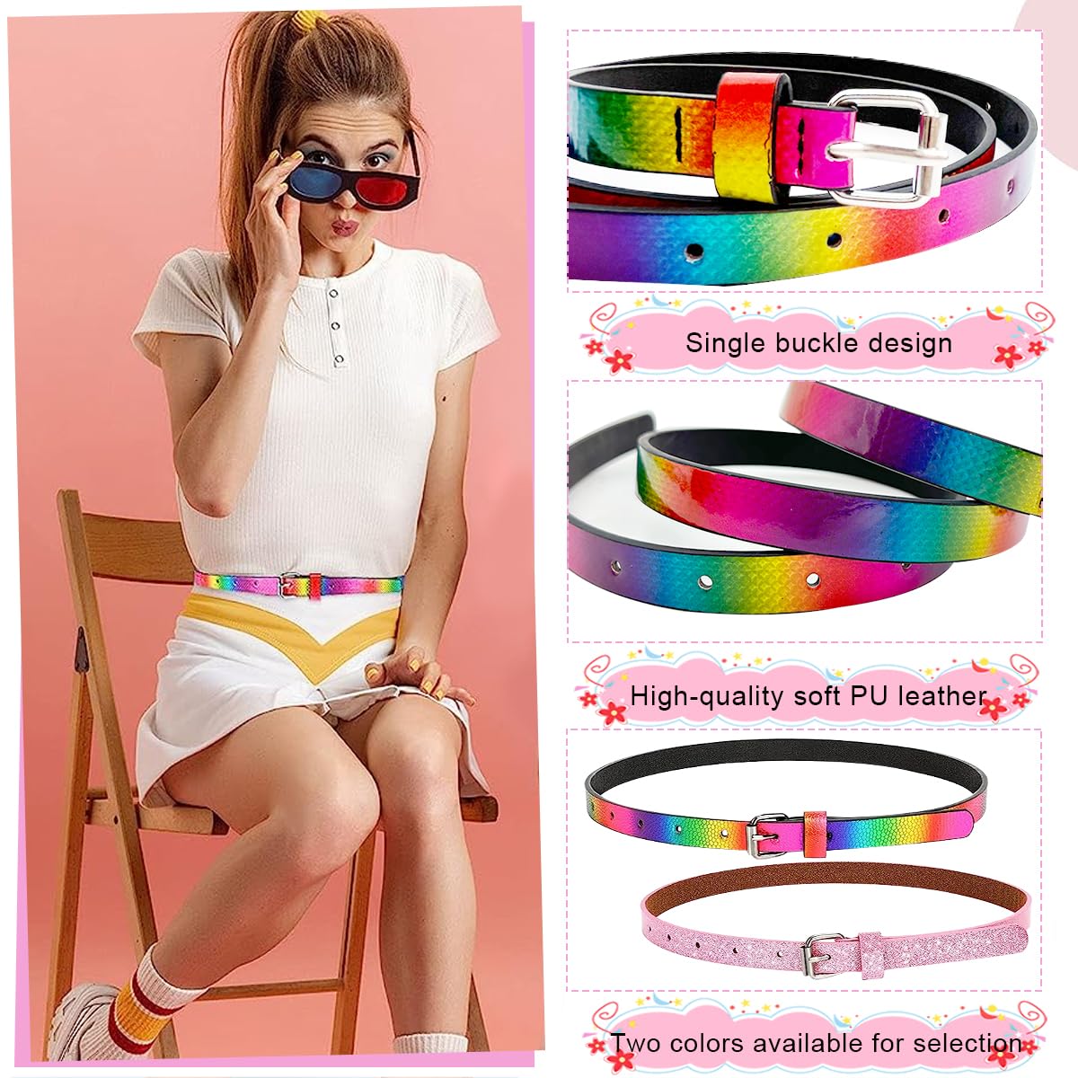 PALAY Girls Belt 4PCS Set with Metal Buckle 90cm PU Leather Glitter Pink & Rainbow for 6–12