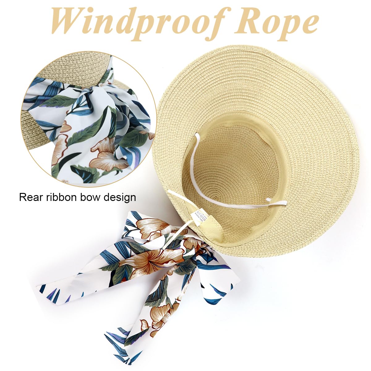 PALAY Womens Straw Hat for Summer with Wide Brim UV Protection and Floral Bow Ribbon | Beige 3 PCS Lightweight Breathable Beach Cap