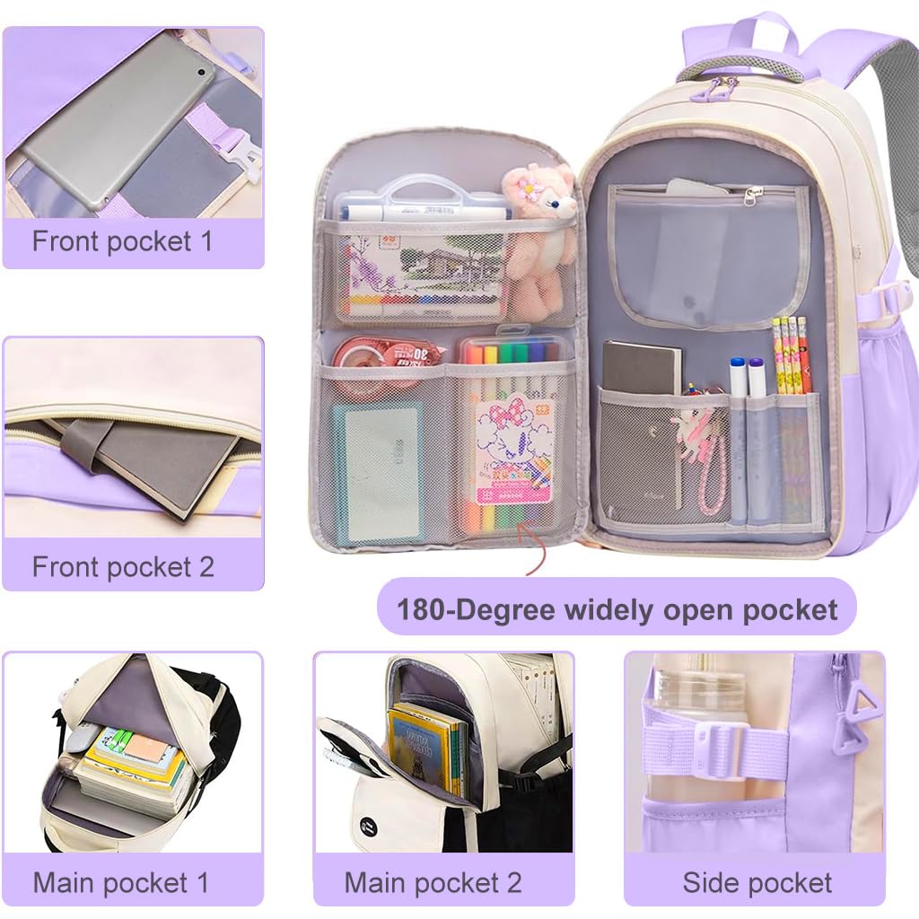 PALAY Girls School Backpack for Daily Use with Stationeries Storage Layer and Padded Straps | 32x22x46cm Waterproof Nylon Purple Bag