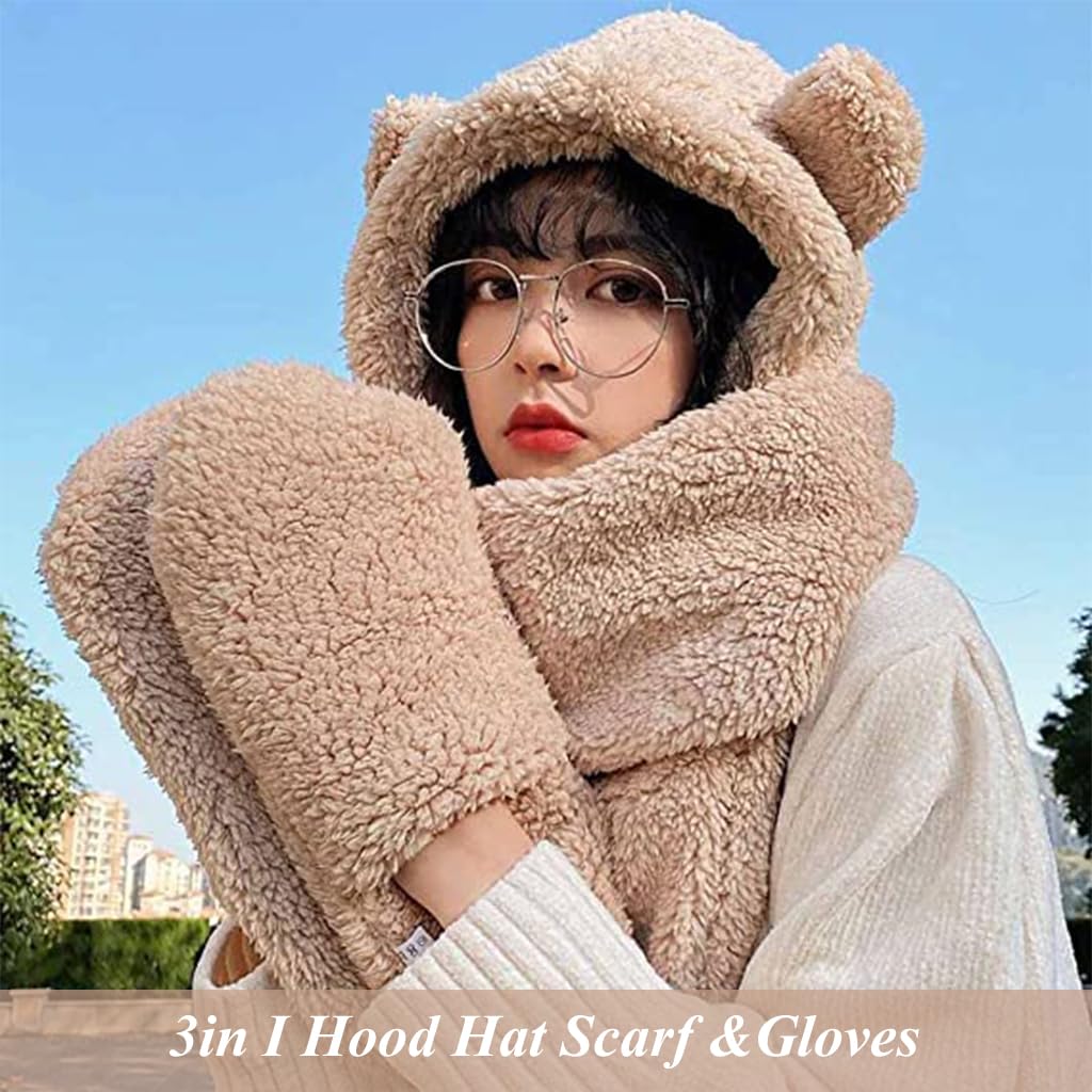 PALAY® Kawaii Winter Scarf Hat for Girls 3 In 1 Cute Bear Ear Warm Scoodie Scarf Hat Extended Long Scarf & Intergrated Gloves Fashion Winter Scarf Hat Gift for Girls