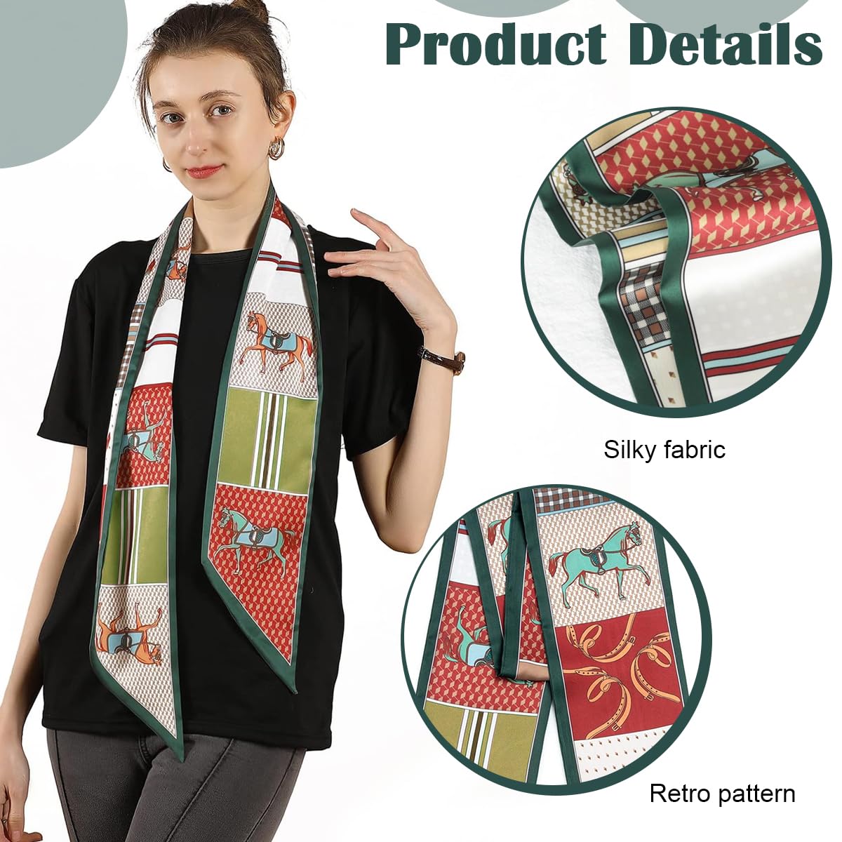 PALAY® Women’s Silk Scarf Combo – Floral & Horse Printed Long Narrow Satin Scarves for Suits, Blazers, Shirts, Bags, Hair, Gift, Neckerchief, 59" for Fashion & DIY Styling