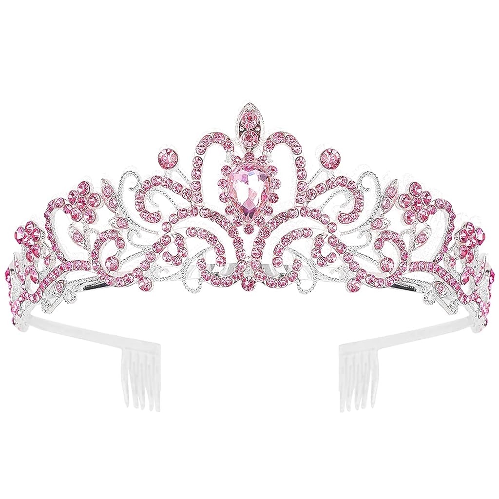 PALAY® Didder Silver Tiaras and Crowns for Women, Pink Crystal Tiara Crowns For Women Girls Elegant Crown with Combs Princess Crown Tiara Birthday Crowns for Women Bridal Prom Birthday Party