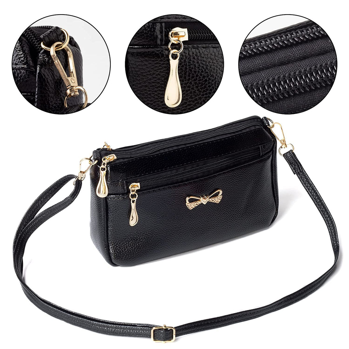 PALAY Small Crossbody Bag for Women with 4 Zipped Compartments 24×14×7cm Soft PU Leather Black