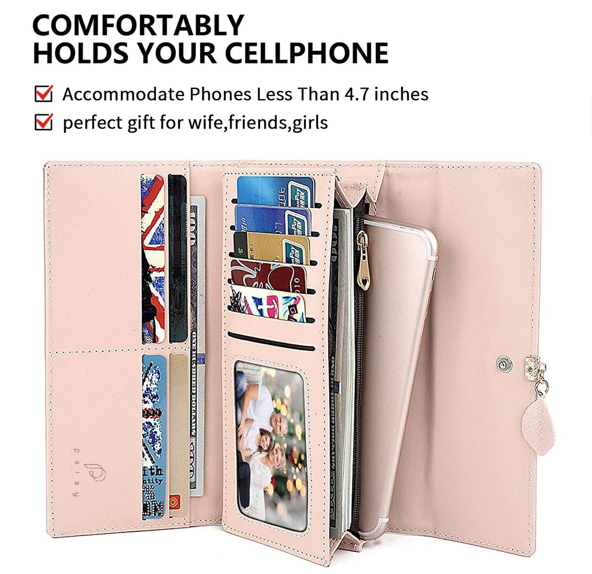 PALAY Womens PU Leather Long Wallet with Leaf Pendant and Zipper Coin Purse 7.48x3.7x0.82 in | Pink 3PCS