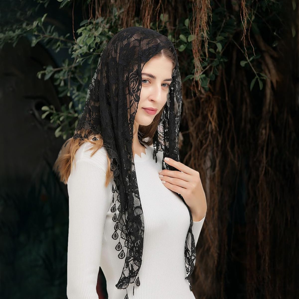 PALAY Triangle Lace Mantilla Veil for Church and Wedding featuring Rose Embroidery Tassel | 3PCS Black Set