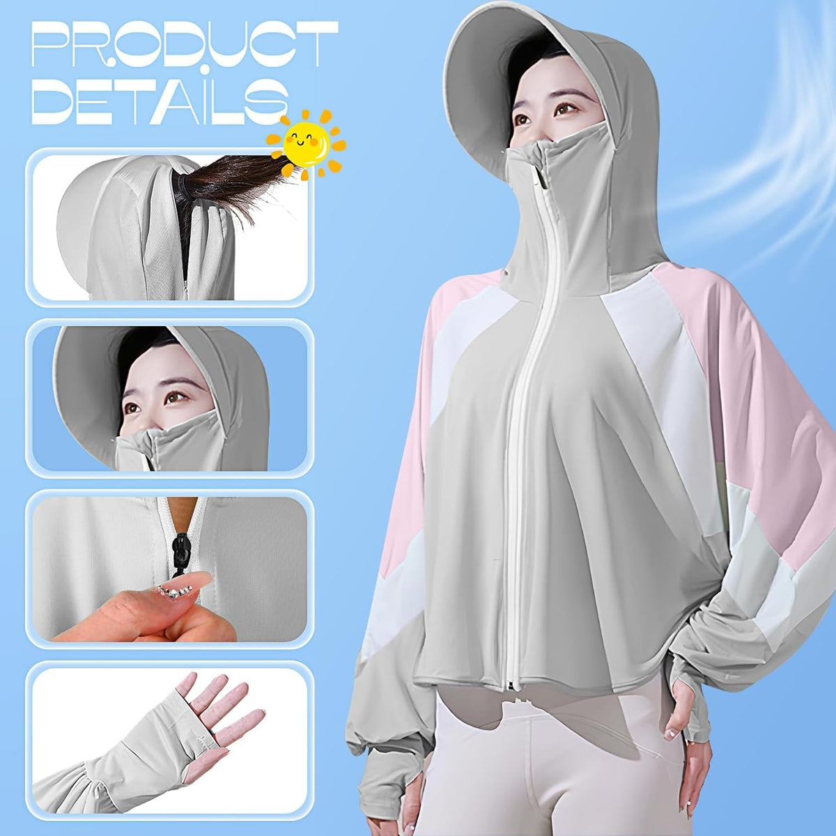 PALAY Sun Protection Hoodie for Women with Brim and Full Zip UPF 50+ | Quick-Dry Grey