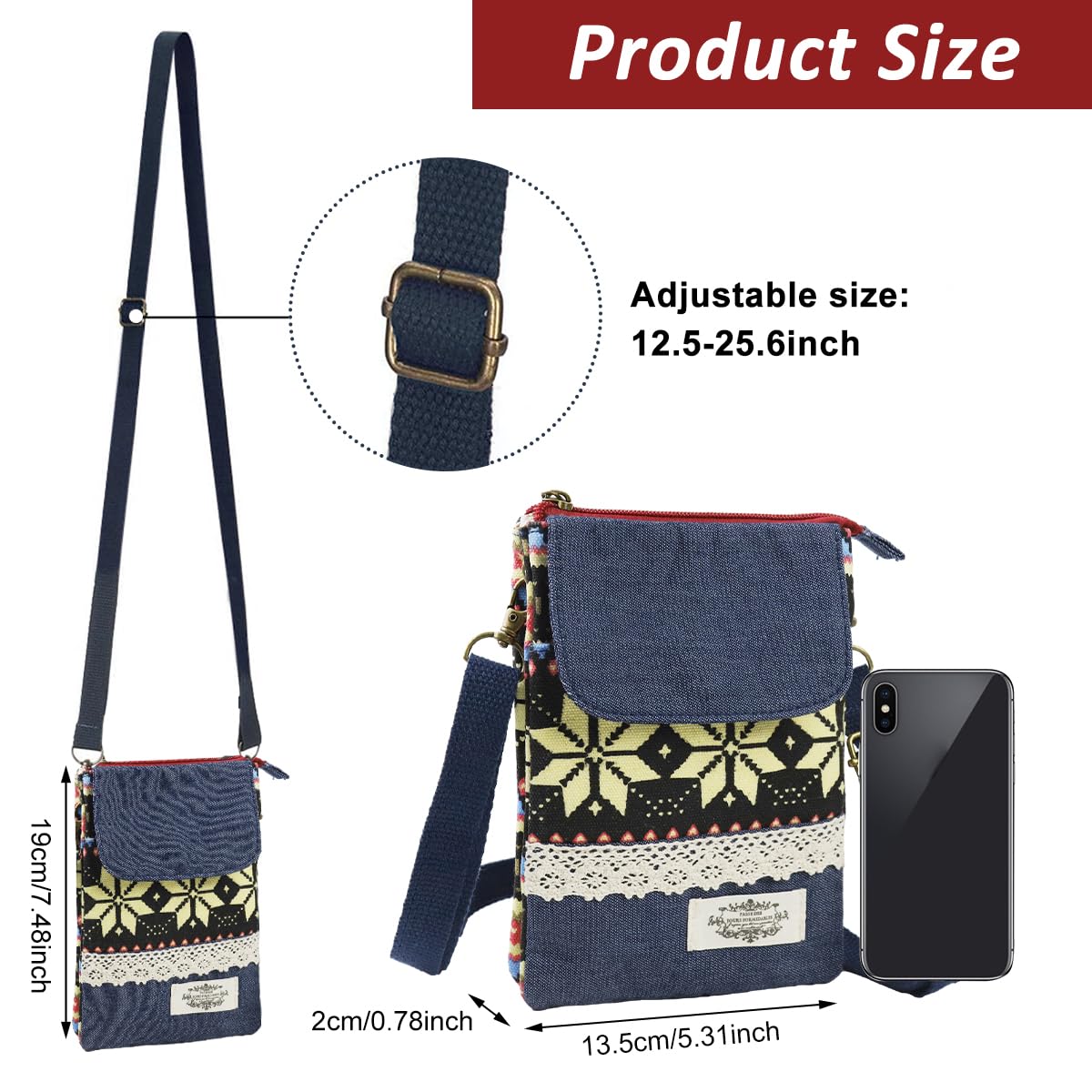 PALAY Women's Boho Print Phone Bag featuring Drawstring Closure and Canvas Cloth 12cm x 19cm x 1cm