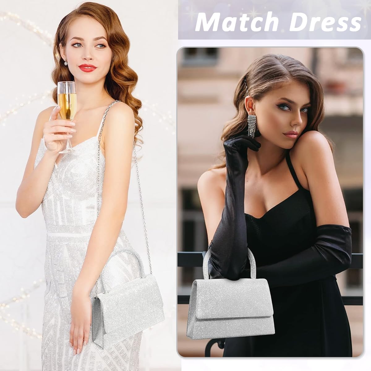 PALAY® Clutch Bag for Women Fashion Evening Bag Sparkling Silver Tote Bag Handbag for Women with Detachable Chain Top Handle Evening Clutch Bag, Elegant Crossbody Bag Chain Bag Handbag