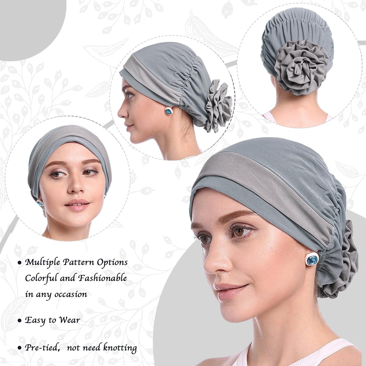 PALAY Chemo Caps for Women featuring Elastic Fit 56–60 cm and Cotton Flower Design | 3 PCS Grey Set