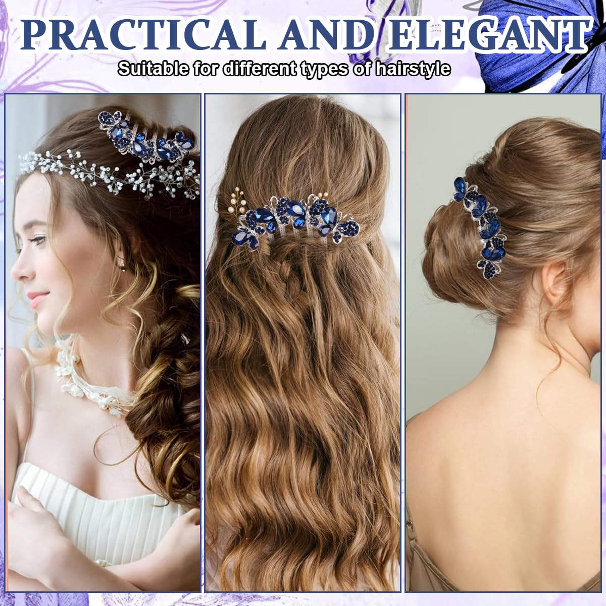 PALAY Hair Comb Clip for Bridal and Party Hairstyles with Butterfly Rhinestones Blue 2 PCS