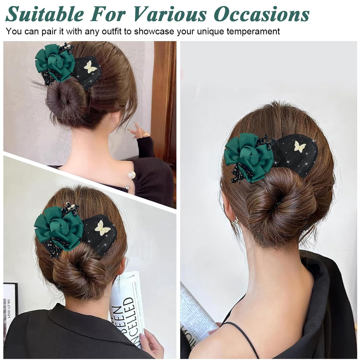 PALAY® Hair Buns for Women Floral Magic Bun Maker for Hair Bun Accessories Pearl French Hair Bun Clips Elegant Hairstyle Twist Juda Hair Accessories for Women, Girls - Green